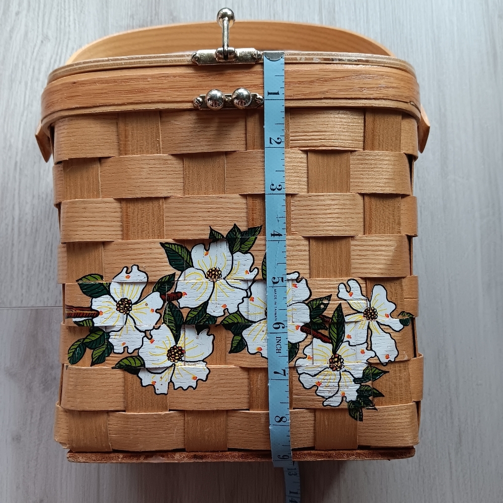 Vintage Signed Caro-Nan Floral Woven Wooden Wicker Basket Bucket Purse White Tan - Picture 14 of 16
